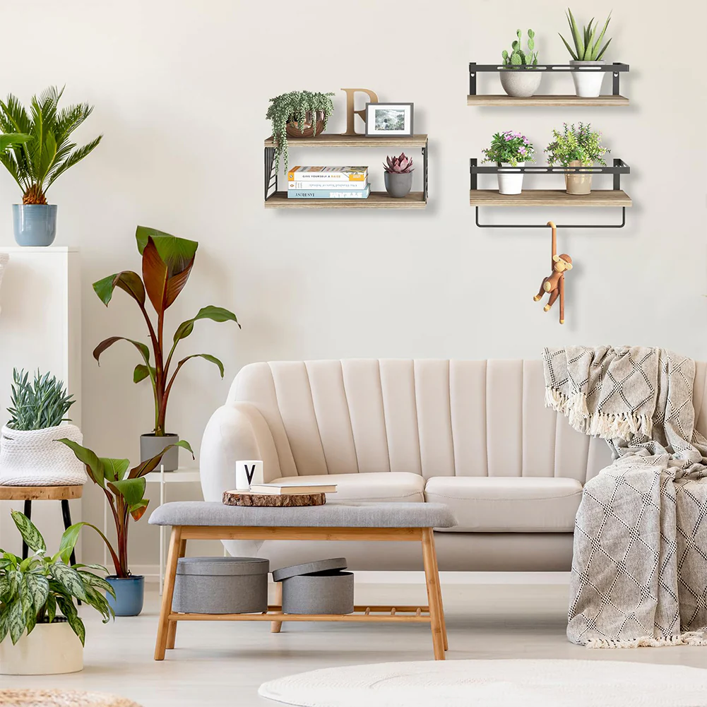 Kit 3 Mensole da Parete Legno e Metallo Noce Versatili Salvaspazio Cucina Bagno Camera - immagine 5