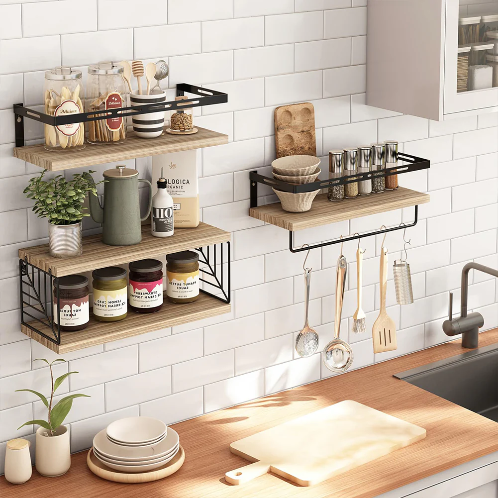 Kit 3 Mensole da Parete Legno e Metallo Noce Versatili Salvaspazio Cucina Bagno Camera - immagine 6