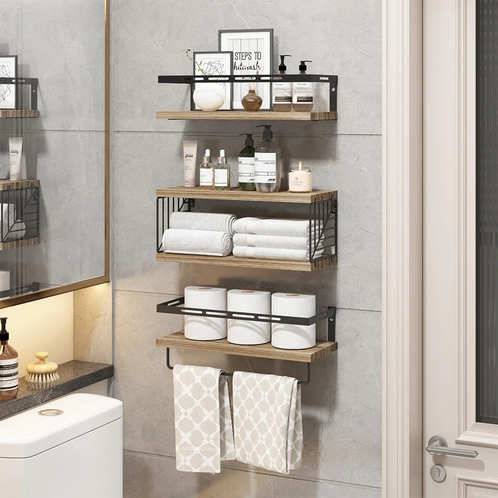 Kit 3 Mensole da Parete Legno e Metallo Noce Versatili Salvaspazio Cucina Bagno Camera - immagine 3