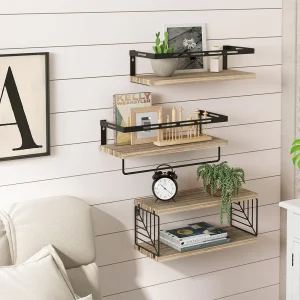 Kit 3 Mensole da Parete Legno e Metallo Noce Versatili Salvaspazio Cucina Bagno Camera