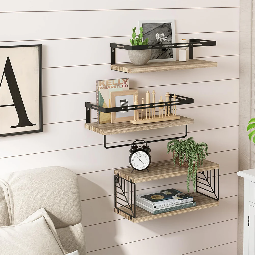Kit 3 Mensole da Parete Legno e Metallo Noce Versatili Salvaspazio Cucina Bagno Camera - immagine 2