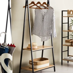 Stand Appendiabiti Metallo e Legno MDF 55x45 H 150cm Nero Salvaspazio Camera Ingresso