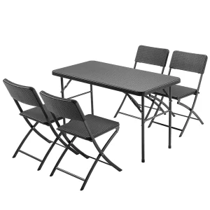 Kit da Giardino Pieghevole in Polyrattan Tavolo e 4 Sedie Interno Esterno Nero