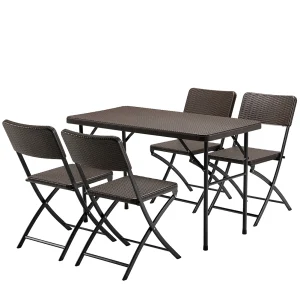 Kit da Giardino Pieghevole in Polyrattan Tavolo e 4 Sedie Interno Esterno Marrone