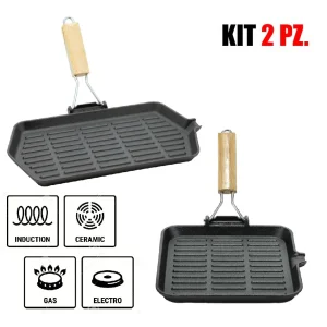 Kit 2pz Bistecchiera in Ghisa Manico Legno Pieghevole Antiaderenti 24x24 21x35 cm