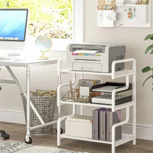 Supporto per Stampante Industriale 3 Ripiani Metallo e Legno 55x40x77 cm Bianco