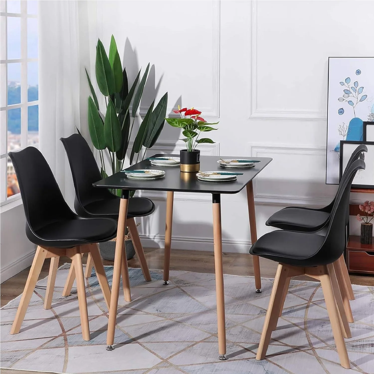 Kit 4 Sedie da Pranzo Poltrona in Pelle Ecologica e Legno Casa Ufficio Bar Nero - immagine 4