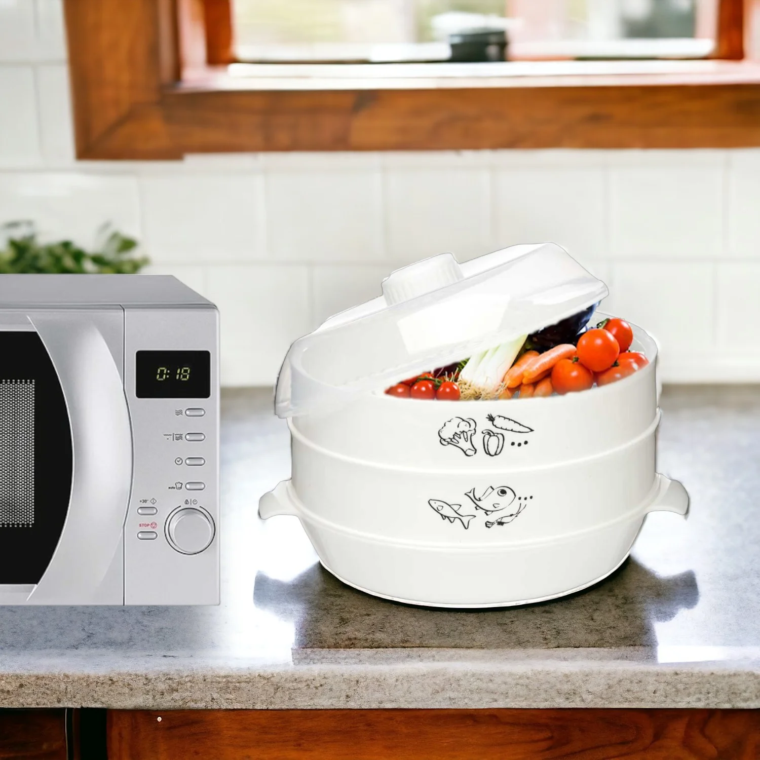 Kit 2pz Cottura in Microonde Macchina PopCorn e Vaporiera 2400ML facile da usare - immagine 5