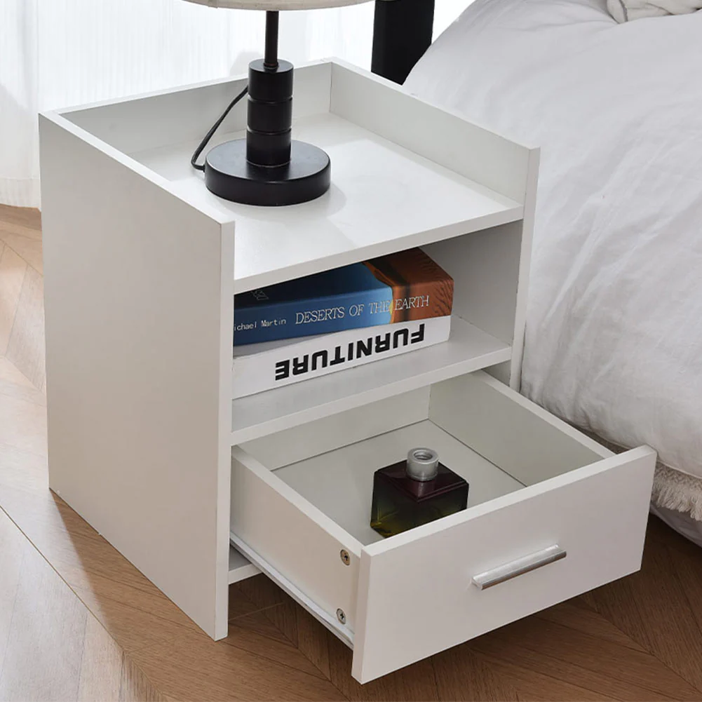 Mobile Comodino in Legno Bianco 1 Cassetto 2 Ripiani Salvaspazio 35x38H45 cm - immagine 3