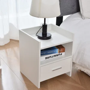 Mobile Comodino in Legno Bianco 1 Cassetto 2 Ripiani Salvaspazio 35x38H45 cm