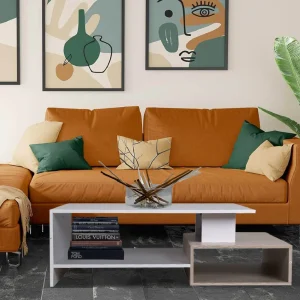 Tavolino da Salotto Rettangolare in Legno Design Moderno 106x60H35 cm Bianco Beige