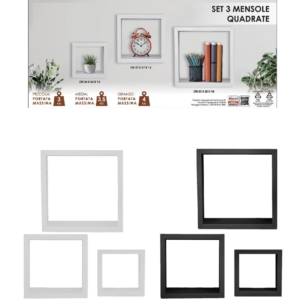 Kit 3 Mensole Cubo da Parete in Legno 30x30 27x27 24x24 cm colore Nero - immagine 3