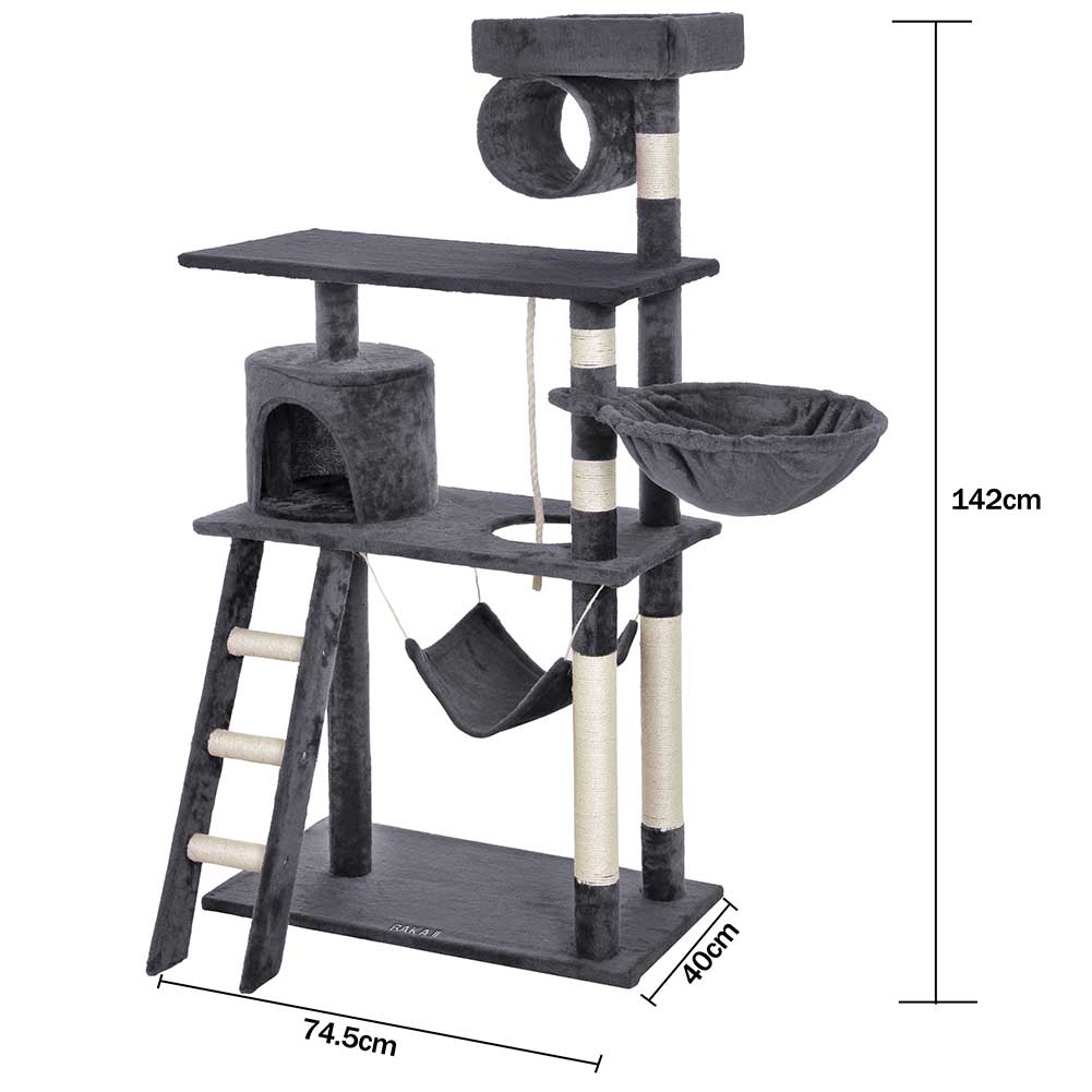 Albero Tiragraffi Gatti Giochi Cuccia Amaca Graffiatoio 74.5x40 H142cm Grigio - immagine 7