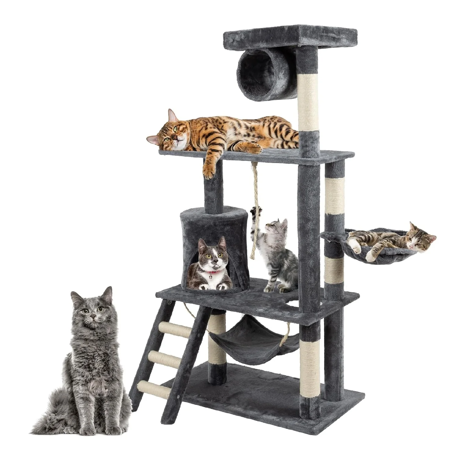 Albero Tiragraffi Gatti Giochi Cuccia Amaca Graffiatoio 74.5x40 H142cm Grigio - immagine 2