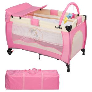 Lettino Culla da Campeggio Pieghevole con Fasciatoio Arco Giochi e Ruote Rosa