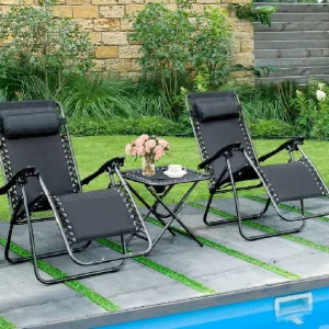 Kit da Giardino 2 Sdraio Zero Gravity e 1 Tavolino Tutto Pieghevole e Salvaspazio