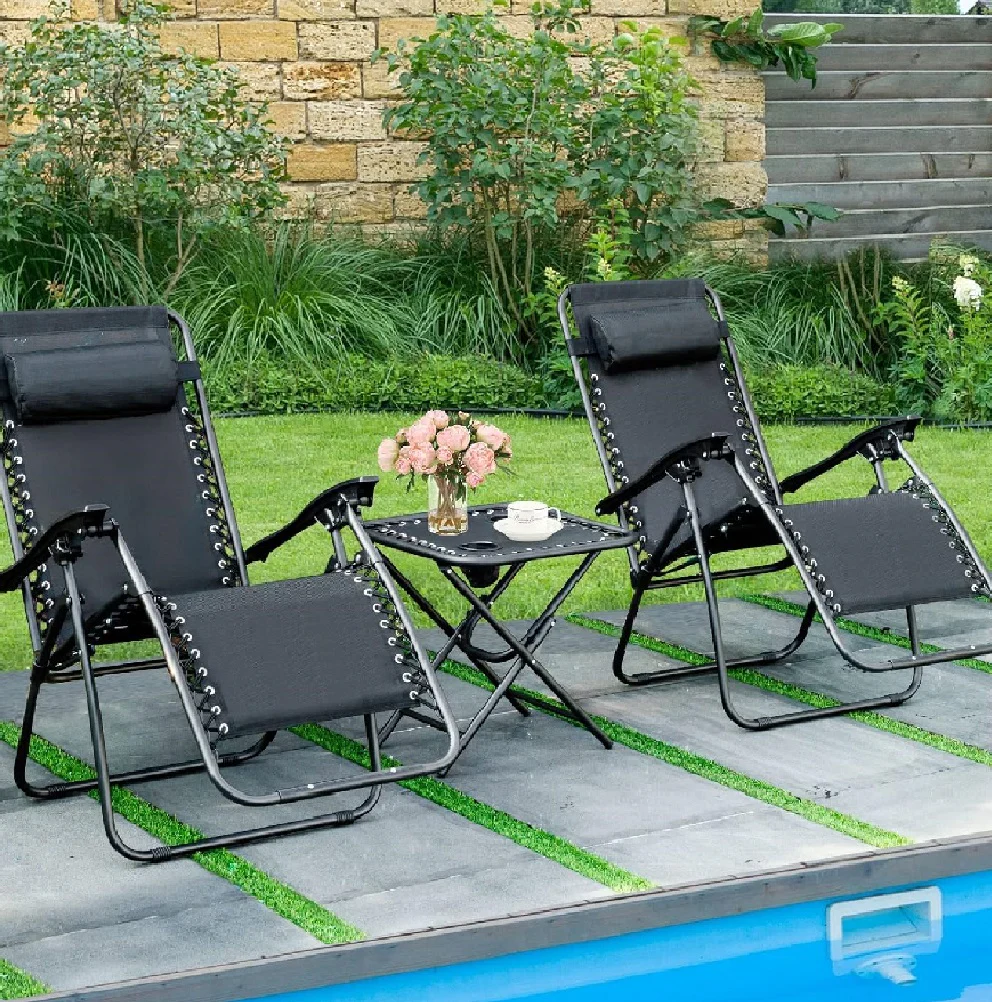 Kit da Giardino 2 Sdraio Zero Gravity e 1 Tavolino Tutto Pieghevole e Salvaspazio