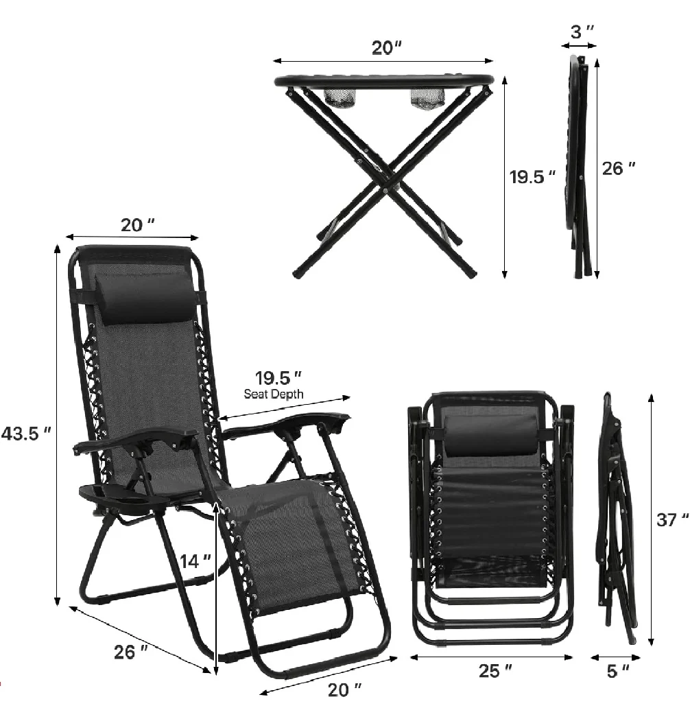 Kit da Giardino 2 Sdraio Zero Gravity e 1 Tavolino Tutto Pieghevole e Salvaspazio - immagine 8