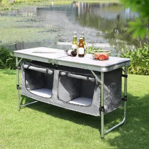 Tavolo Campeggio Multifunzione In Alluminio Pieghevole 120x47 H 61/69cm Salvaspazio