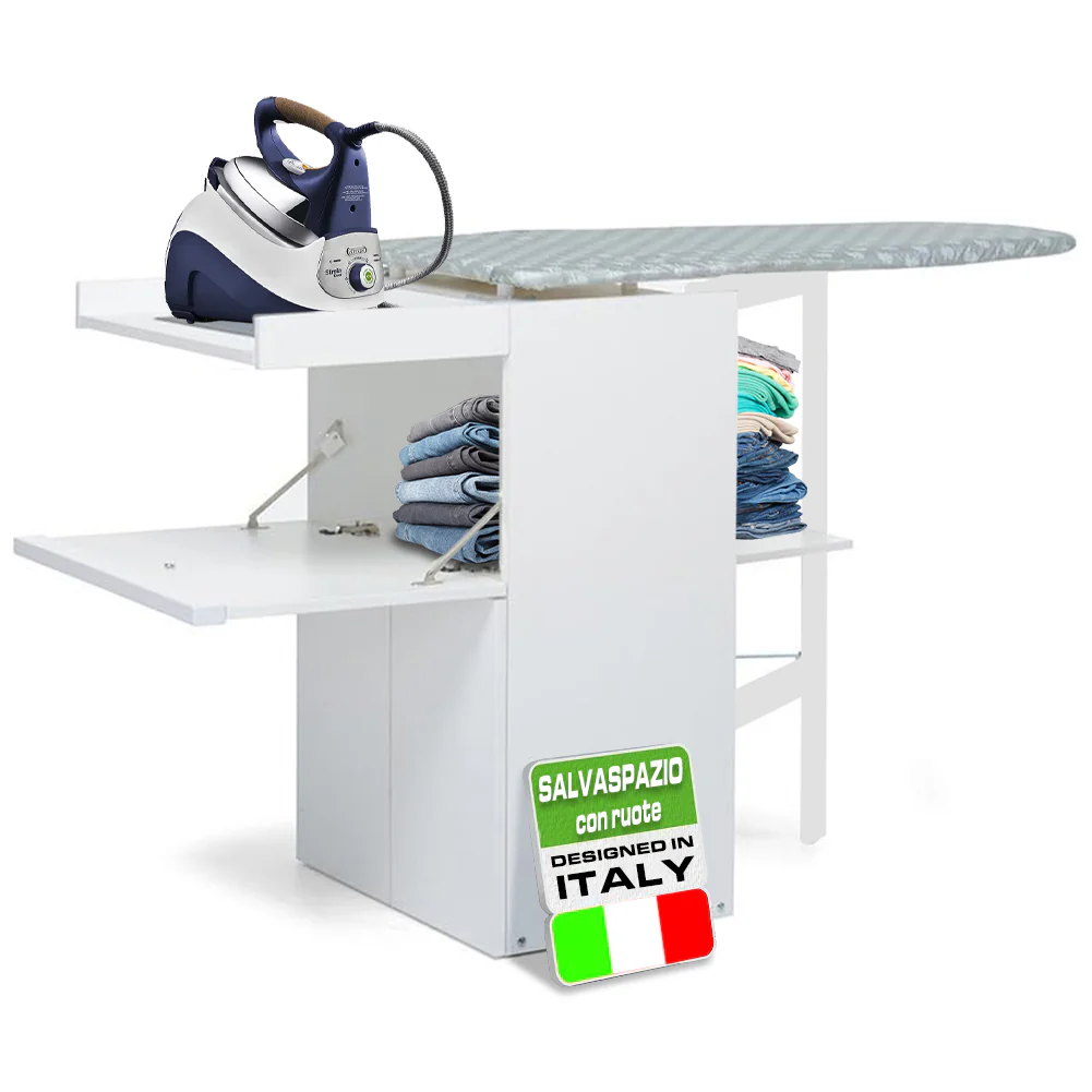 Mobile con Asse da Stiro Incorporato a Scomparsa Salvaspazio con Ripiani e Ruote Bianco - immagine 5