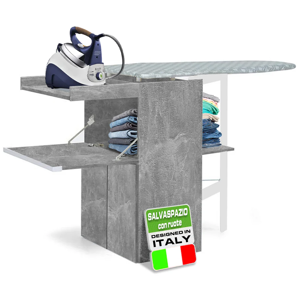 Mobile con Asse da Stiro Incorporato a Scomparsa Salvaspazio con Ripiani e Ruote Grigio - immagine 2