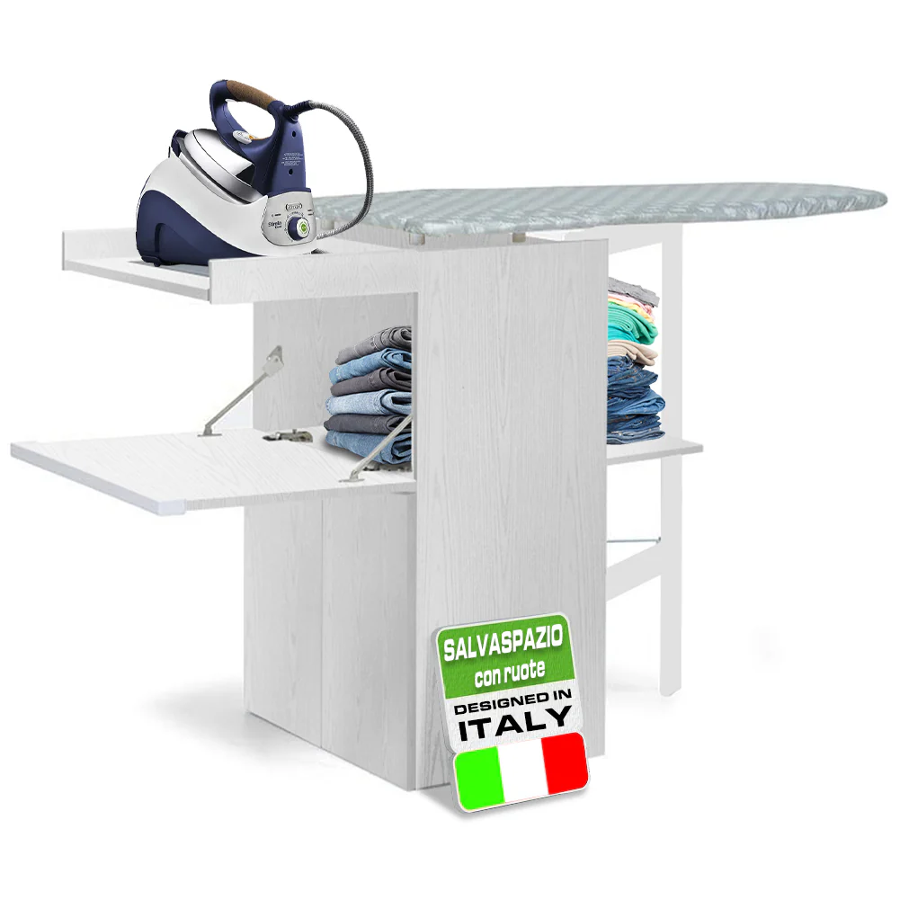 Mobile con Asse da Stiro Incorporato a Scomparsa Salvaspazio con Ripiani e Ruote Bianco Frass - immagine 5