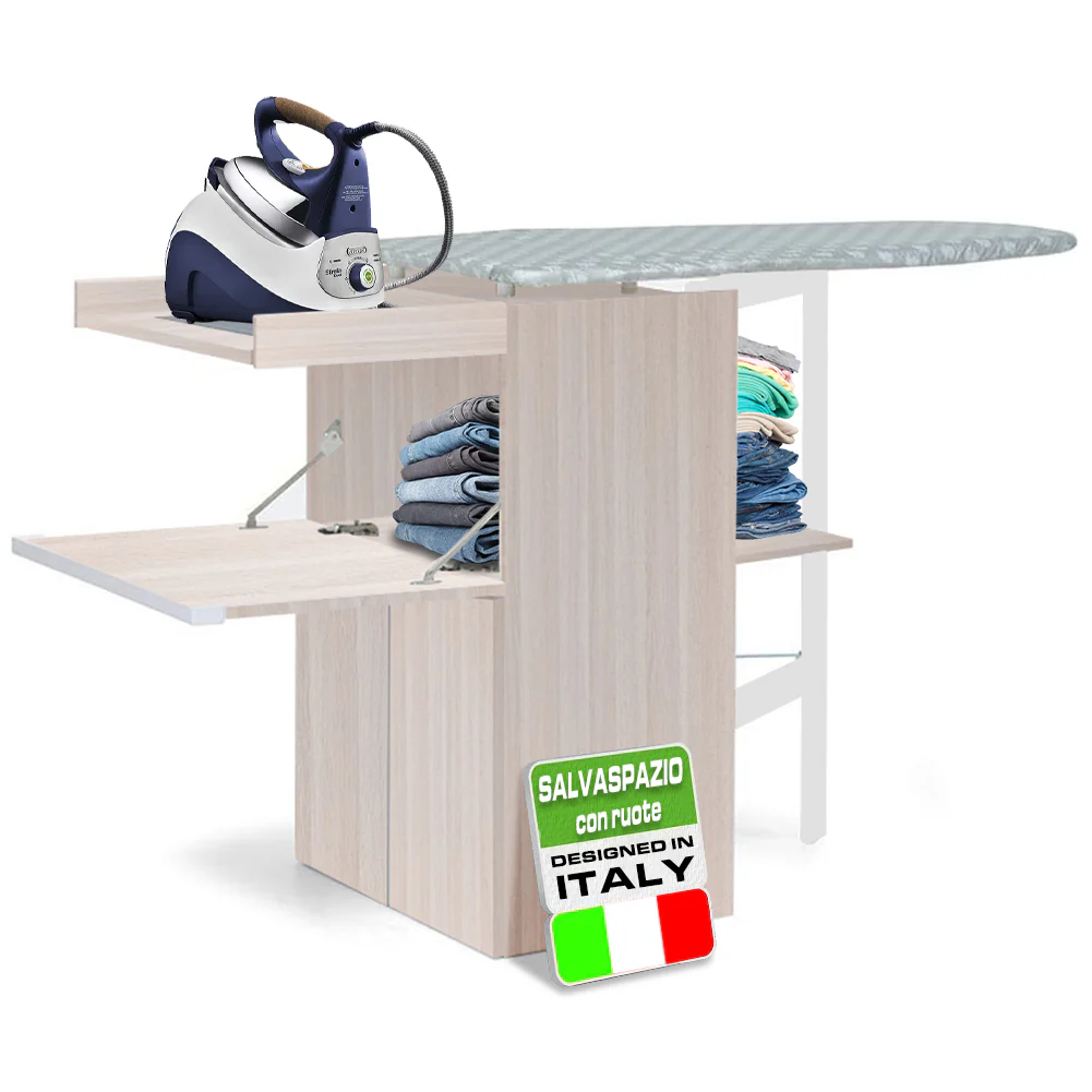 Mobile con Asse da Stiro Incorporato a Scomparsa Salvaspazio con Ripiani e Ruote Olmo - immagine 2