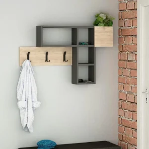 Appendiabiti Attaccapanni da Parete in Legno 9 Ganci e Mensole Quercia Grigio