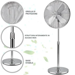 Ventilatore Colonna Piantana Acciaio Inox 60W 3 velocità Regolabile Oscillante
