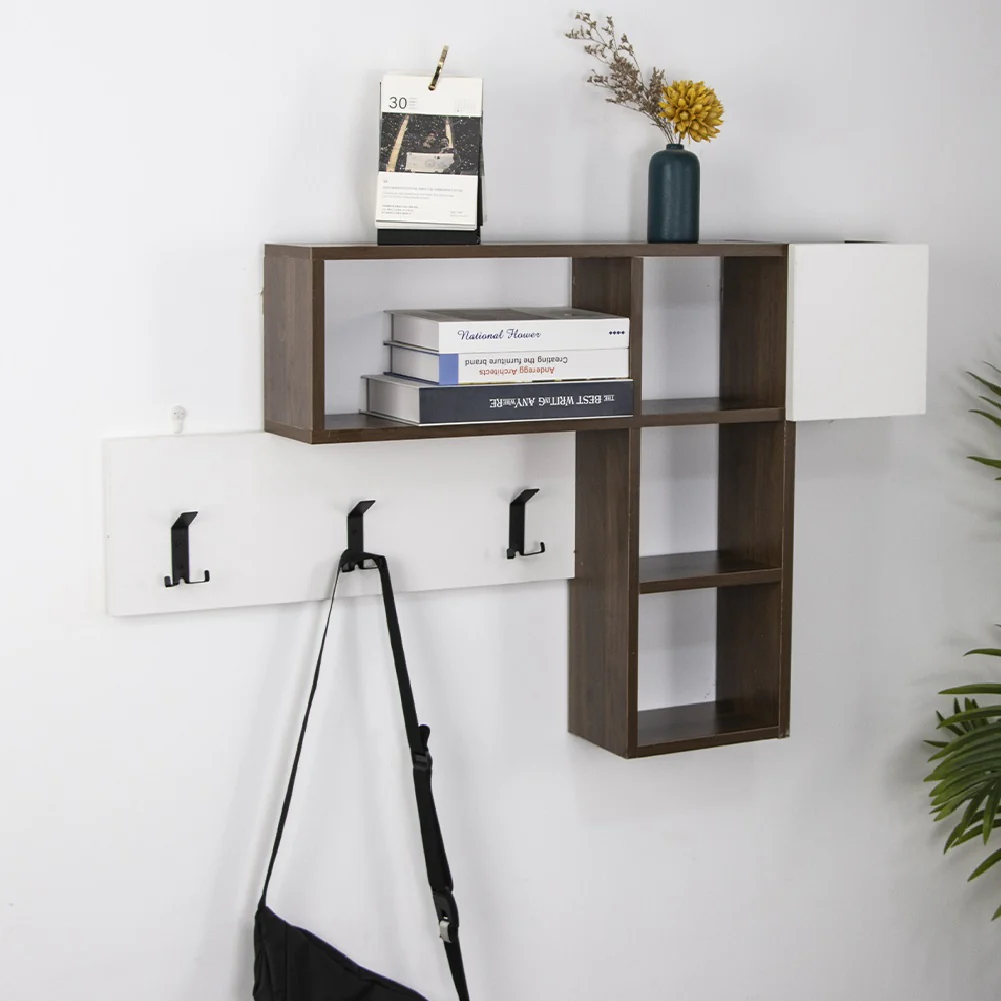 Appendiabiti Attaccapanni da Parete in Legno 9 Ganci e Mensole Bianco Marrone - immagine 2