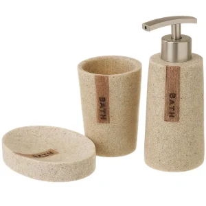 kit da Bagno 3pz con Dispenser Porta Sapone Bicchiere Effetto Pietra Beige