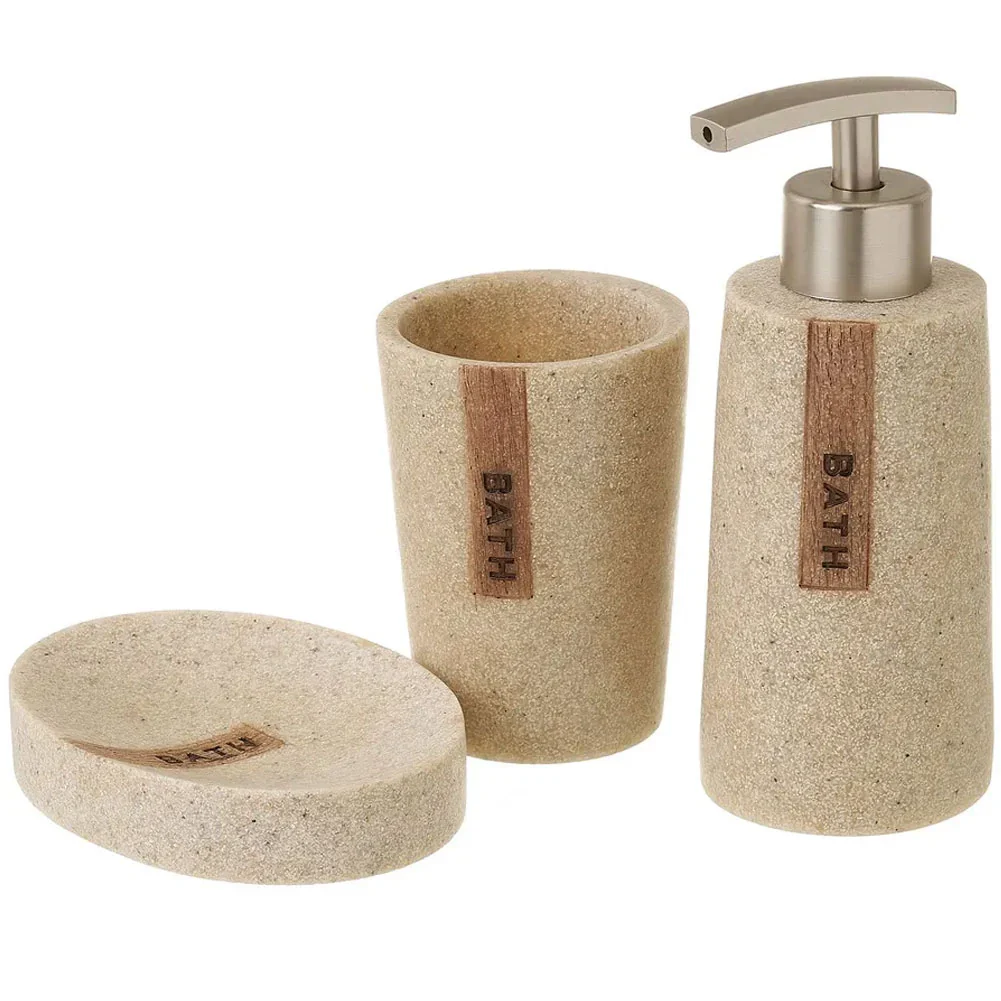 kit da Bagno 3pz con Dispenser Porta Sapone Bicchiere Effetto Pietra Beige