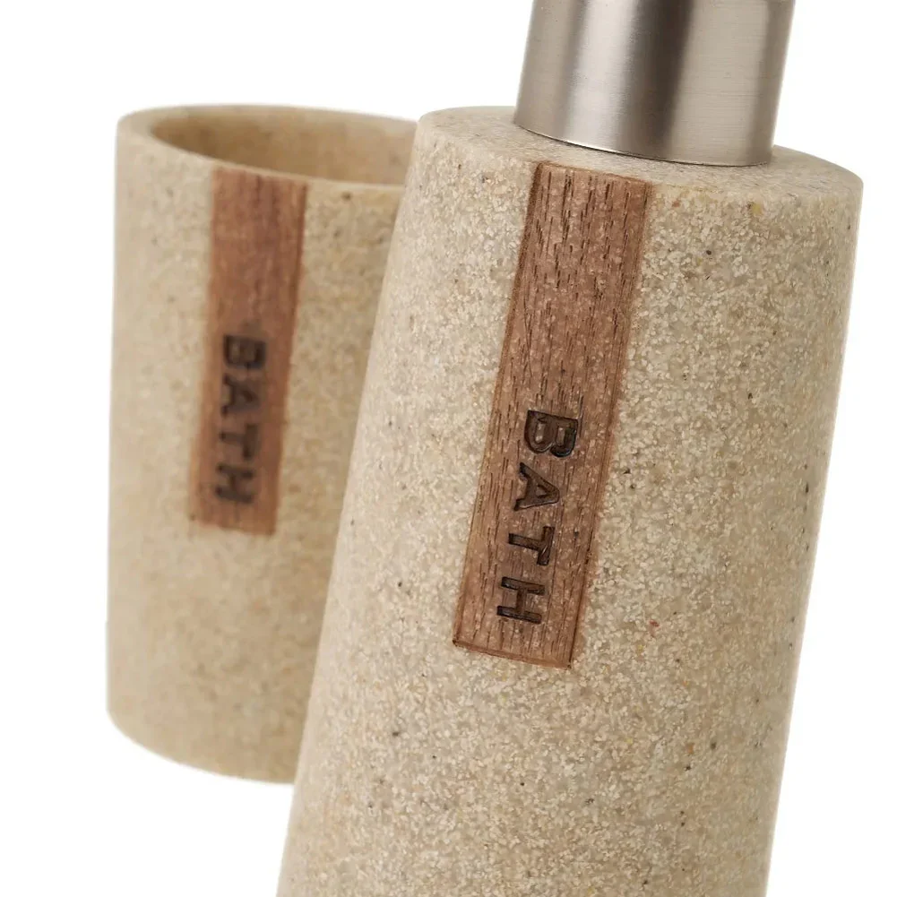 kit da Bagno 3pz con Dispenser Porta Sapone Bicchiere Effetto Pietra Beige - immagine 5