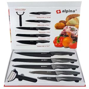 Kit Cucina 6pz Coltelli e Pelapatate Acciaio Inossidabile Antiaderente Alpina