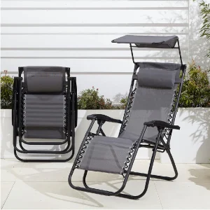 Kit 2pz Sedia Sdraio con Parasole Gravità Zero Reclinabile Pieghevole Poggiatesta Grigio