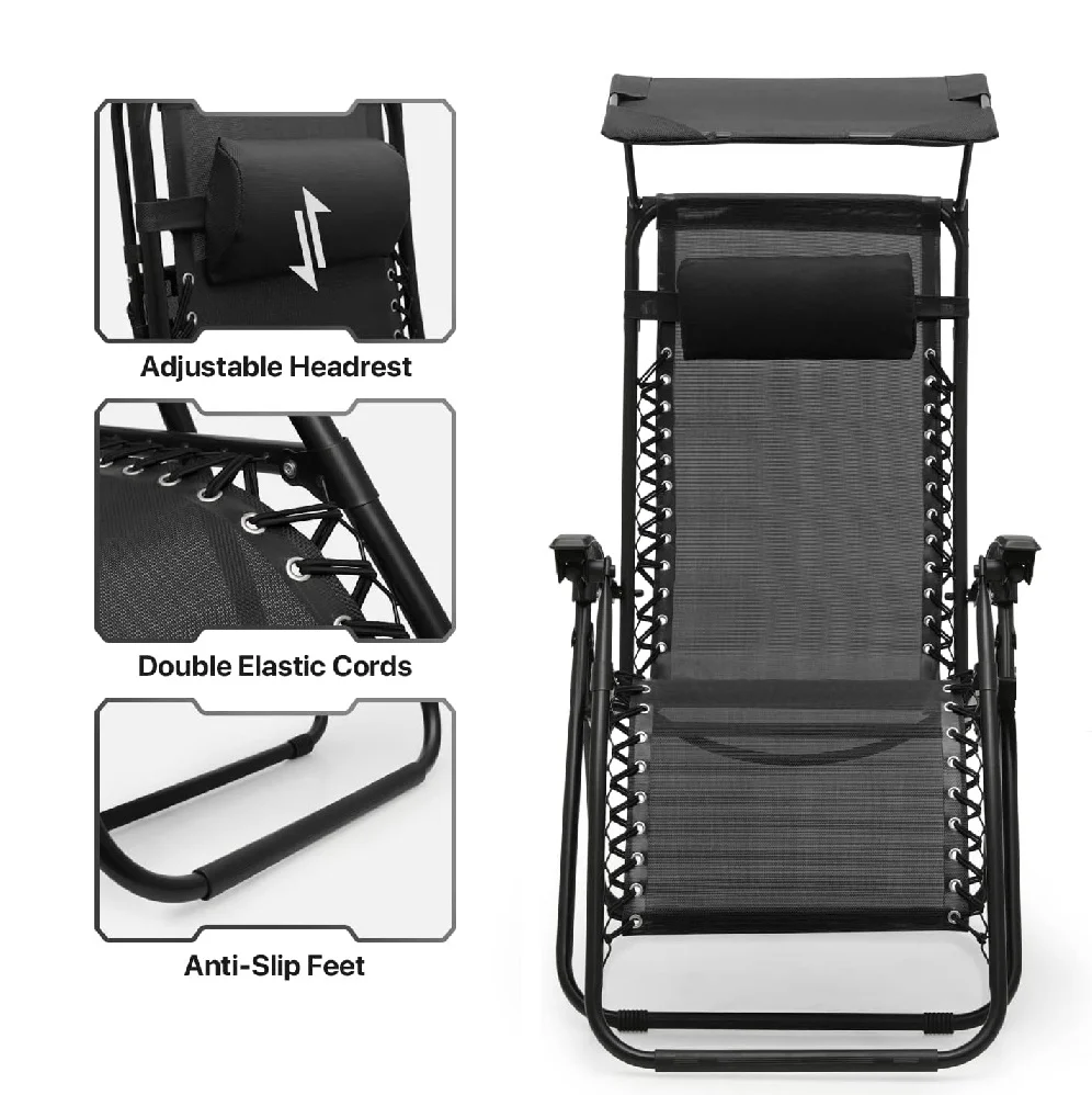 Kit 2pz Sedia Sdraio con Parasole Gravità Zero Reclinabile Pieghevole Poggiatesta Nero - immagine 5