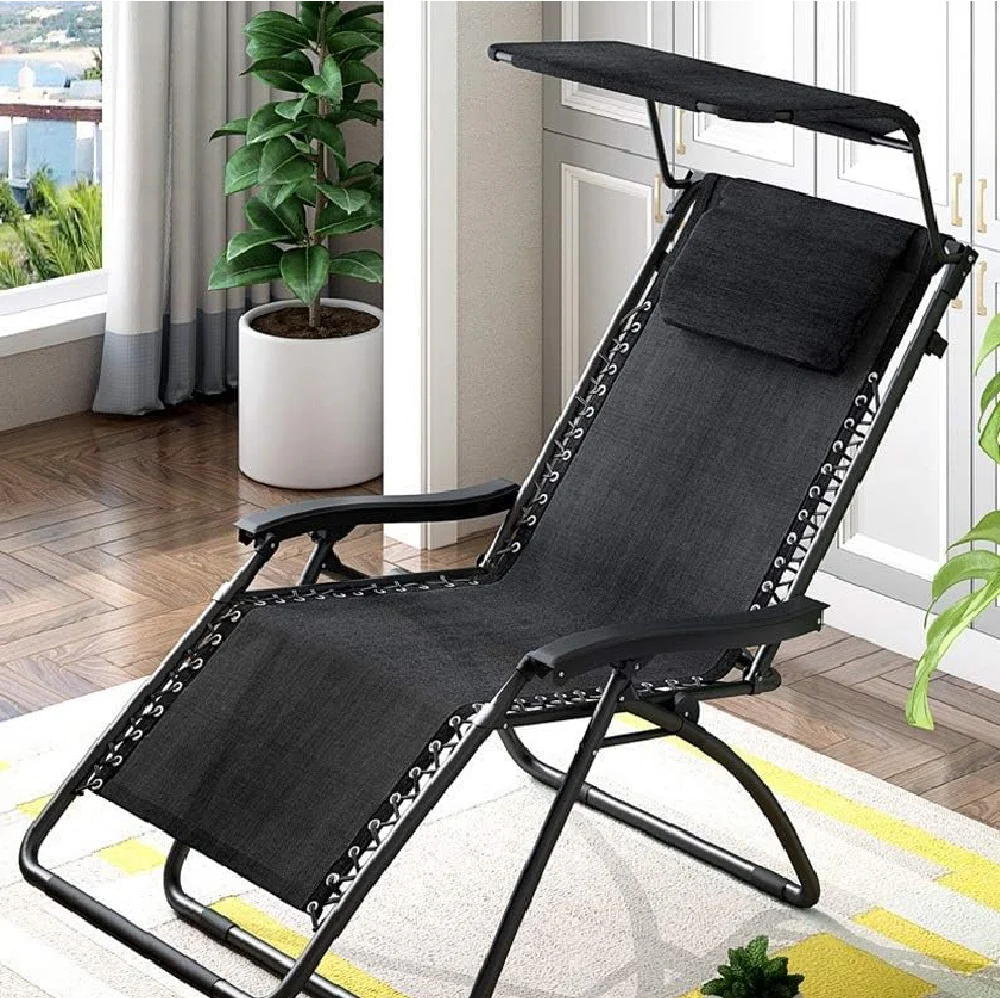 Kit 2pz Sedia Sdraio con Parasole Gravità Zero Reclinabile Pieghevole Poggiatesta Nero - immagine 6
