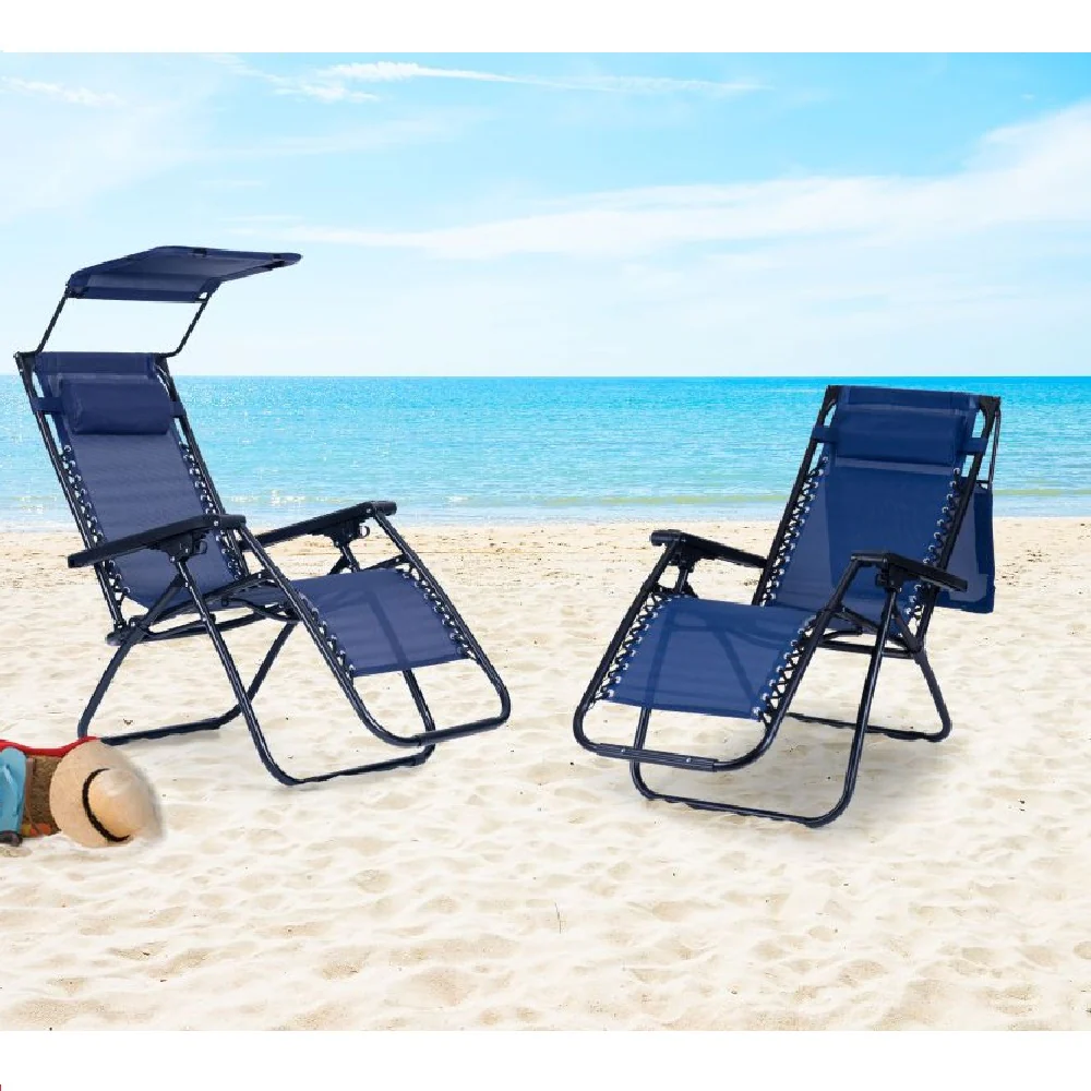 Kit 2pz Sedia Sdraio con Parasole Gravità Zero Reclinabile Pieghevole Poggiatesta Blu - immagine 6