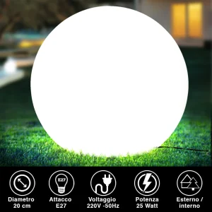 Lampada Sfera Giardino 20cm Luce Esterno Bianco attacco E27 Decorazione Esterno