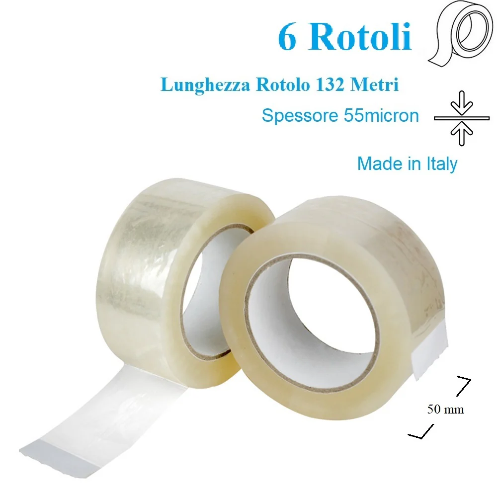 6 Rotoli di Nastro Trasparente 50mm x 132 Mt. Nastro per Imballaggi Resistente Silenzioso