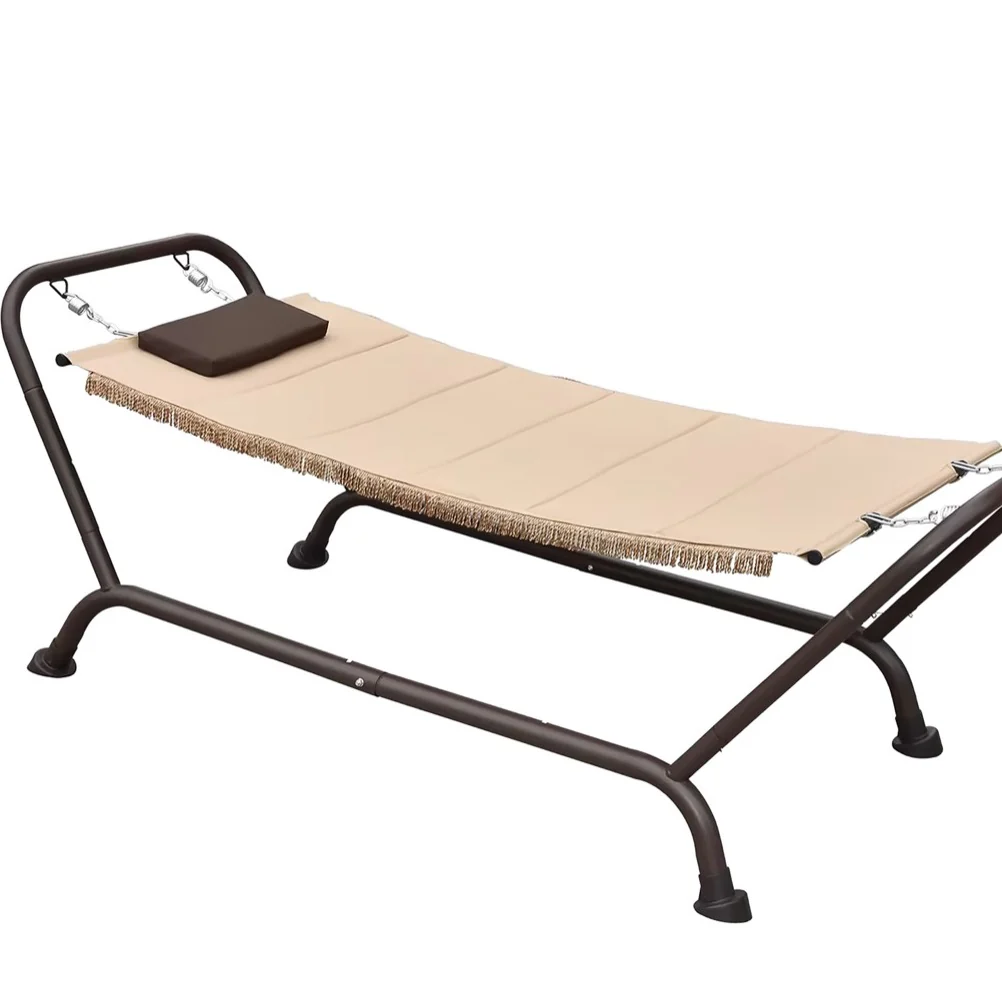 Amaca Lettino da Giardino con Cuscino e Struttura in Acciaio, Sedia Sdraio con Frange - immagine 2