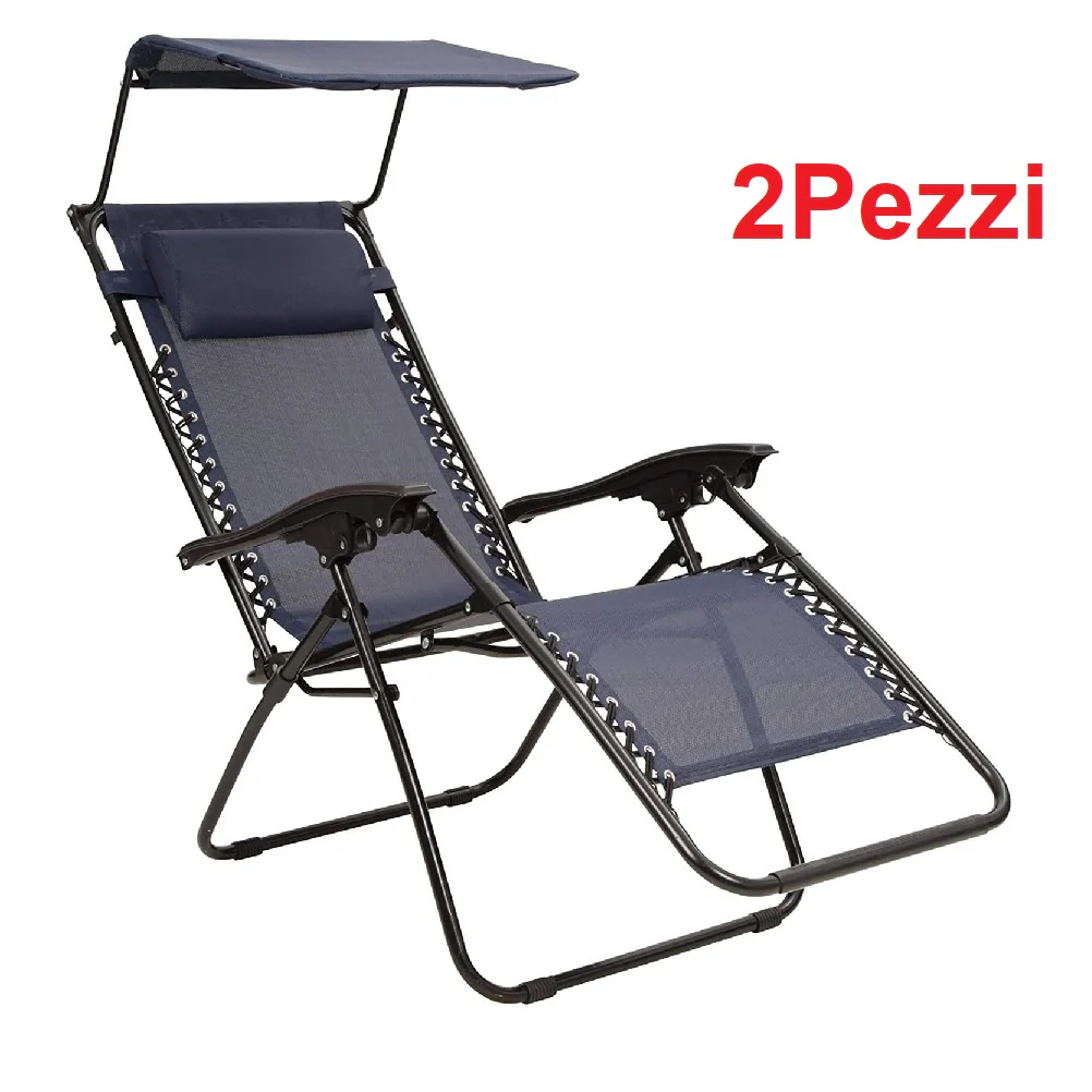 Kit 2pz Sedia Sdraio con Parasole Gravità Zero Reclinabile Pieghevole Poggiatesta Blu