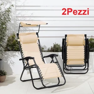 Kit 2pz Sedia Sdraio con Parasole Gravità Zero Reclinabile Pieghevole Poggiatesta Crema