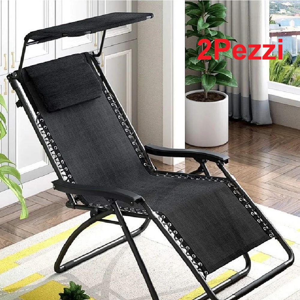Kit 2pz Sedia Sdraio con Parasole Gravità Zero Reclinabile Pieghevole Poggiatesta Nero - immagine 2
