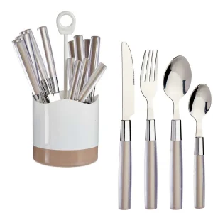 Kit 16 Posate Acciaio Manico Marrone con Supporto Scolaposate Design Moderno