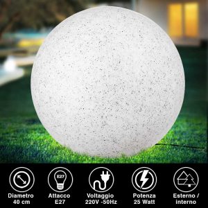 Lampada Sfera Giardino 40cm Luce Esterno Bianco Pietra E27 Decorazione da Esterno