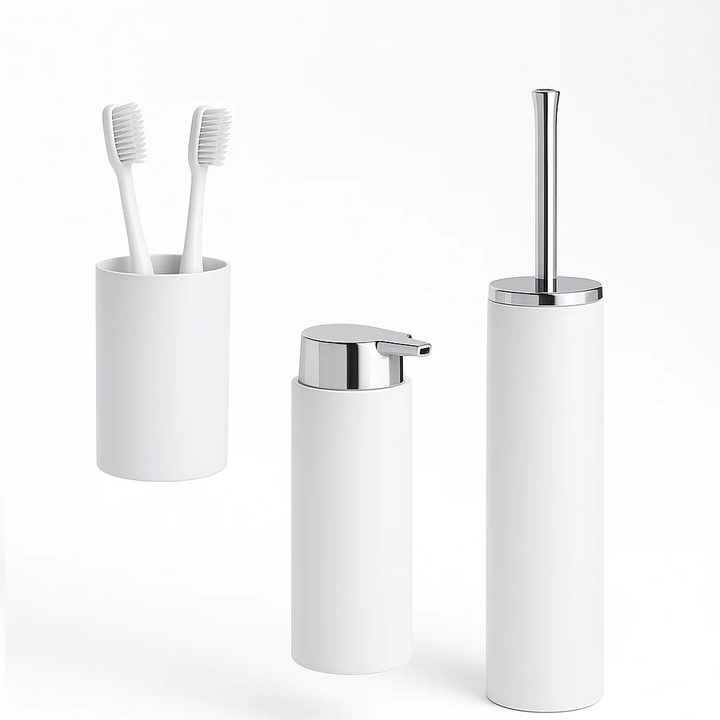 kit Accessori Bagno 3 pezzi Plastica Abs Bianco Silver Design Moderno Resistente - immagine 2