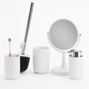 Accessori da Bagno 4pz Acciaio e Polipropilene Specchio PortaScopino Dosatore Bicchiere