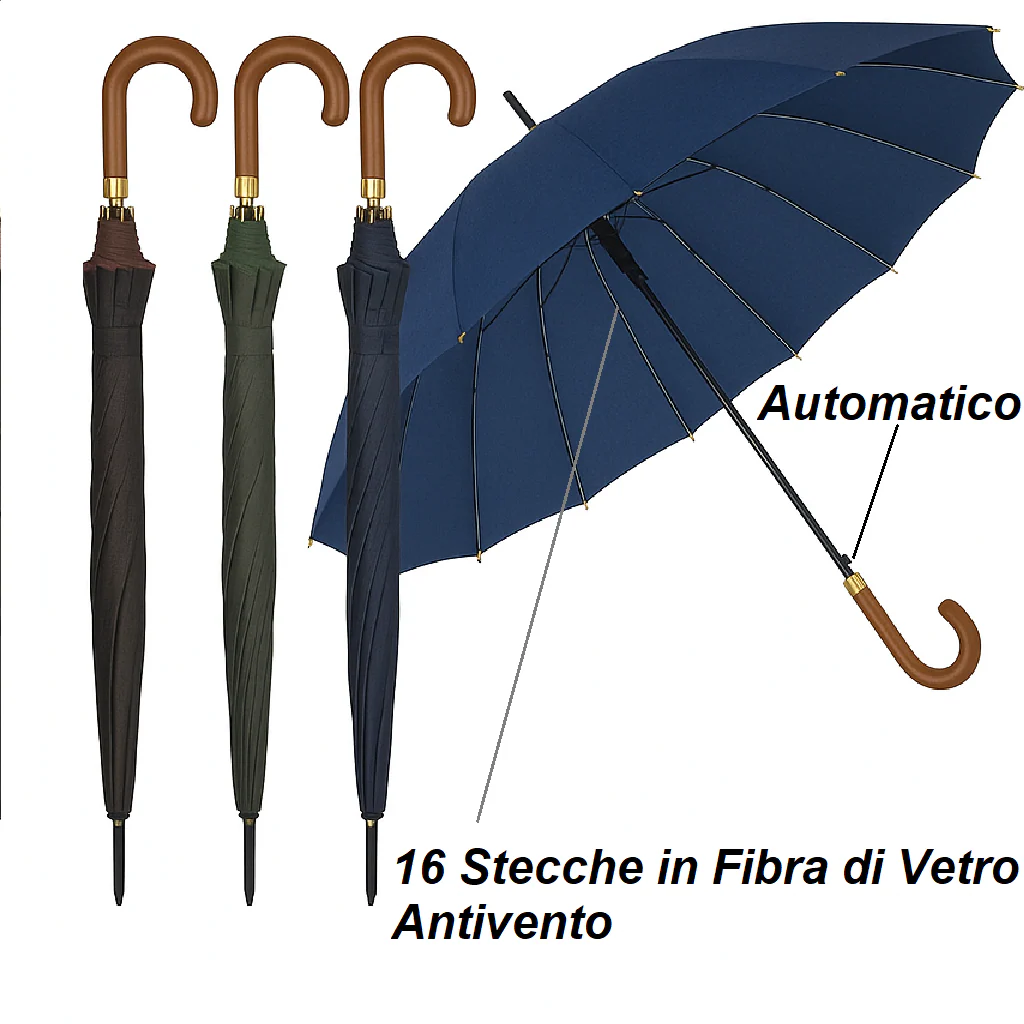 Kit 4 Ombrelli Grandi Automatici Antivento Uomo Donna 16 Stecche Fibra di Vetro - immagine 6