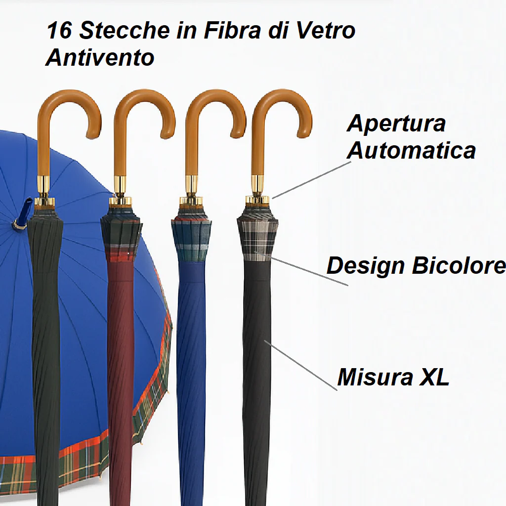 Kit 4 Ombrelli Grandi Automatici Antivento Uomo Donna 16 Stecche Fibra di Vetro - immagine 8